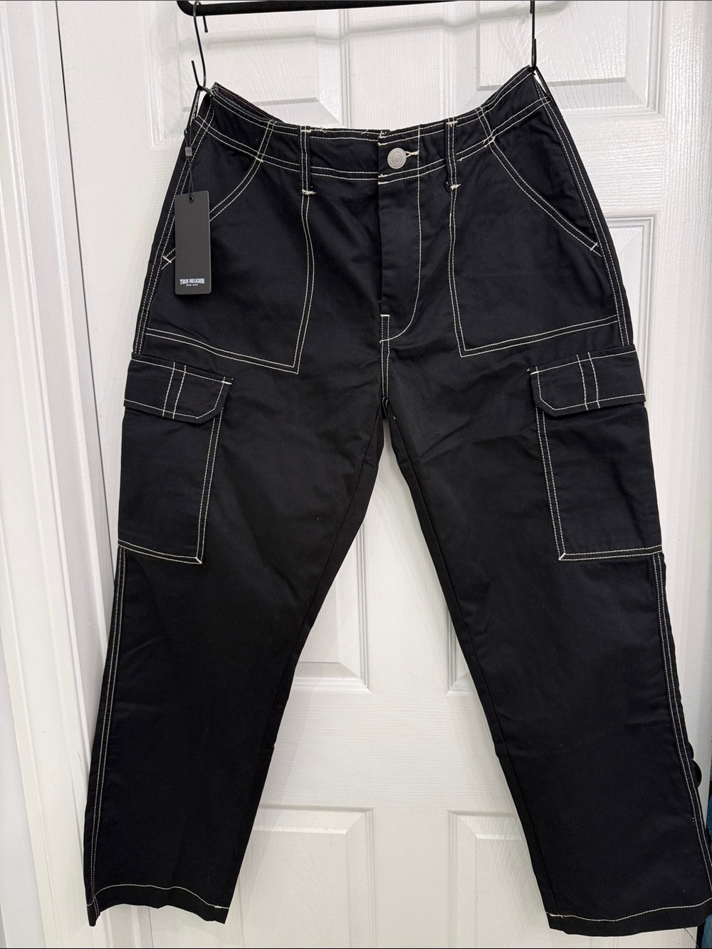 True Religion Black Cargo Pants with White Contrast Stitching